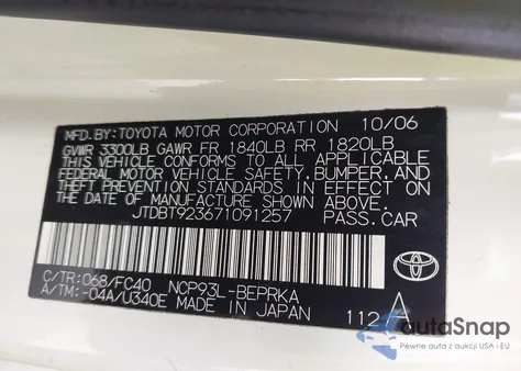 2007 Toyota Yaris z USA, uszkodzony, nr VIN JTDBT923671091257